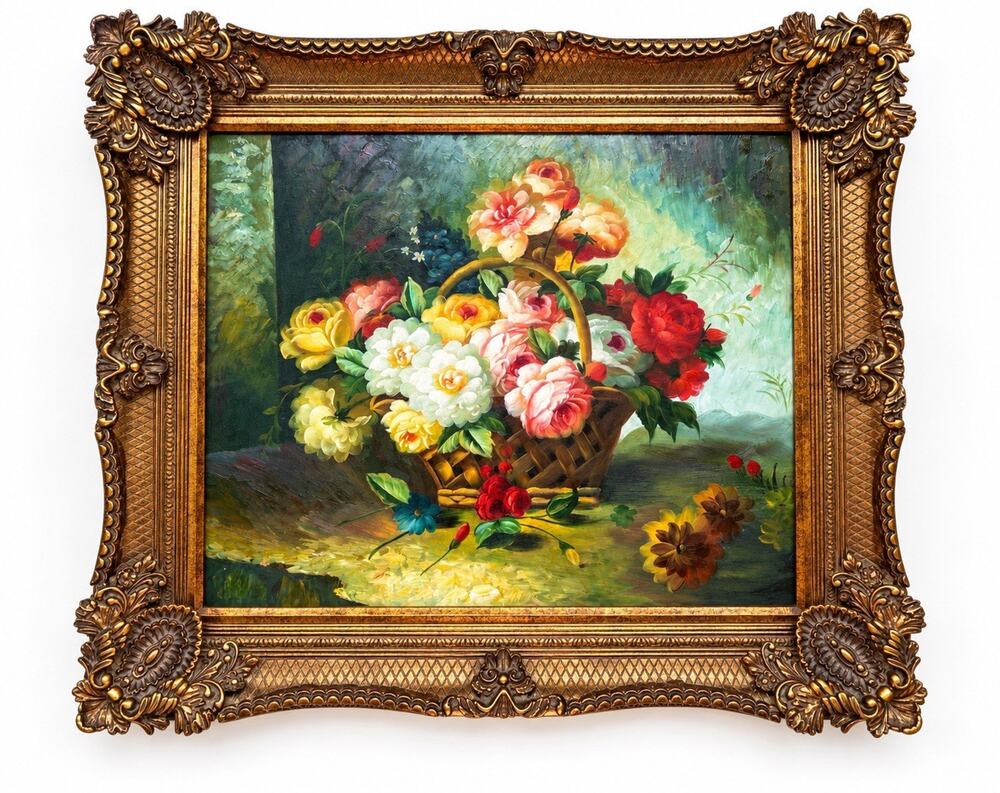 Large Framed Floral Basket Painting 31” x 27” Ornate Gold Bronze Frame Wall Art